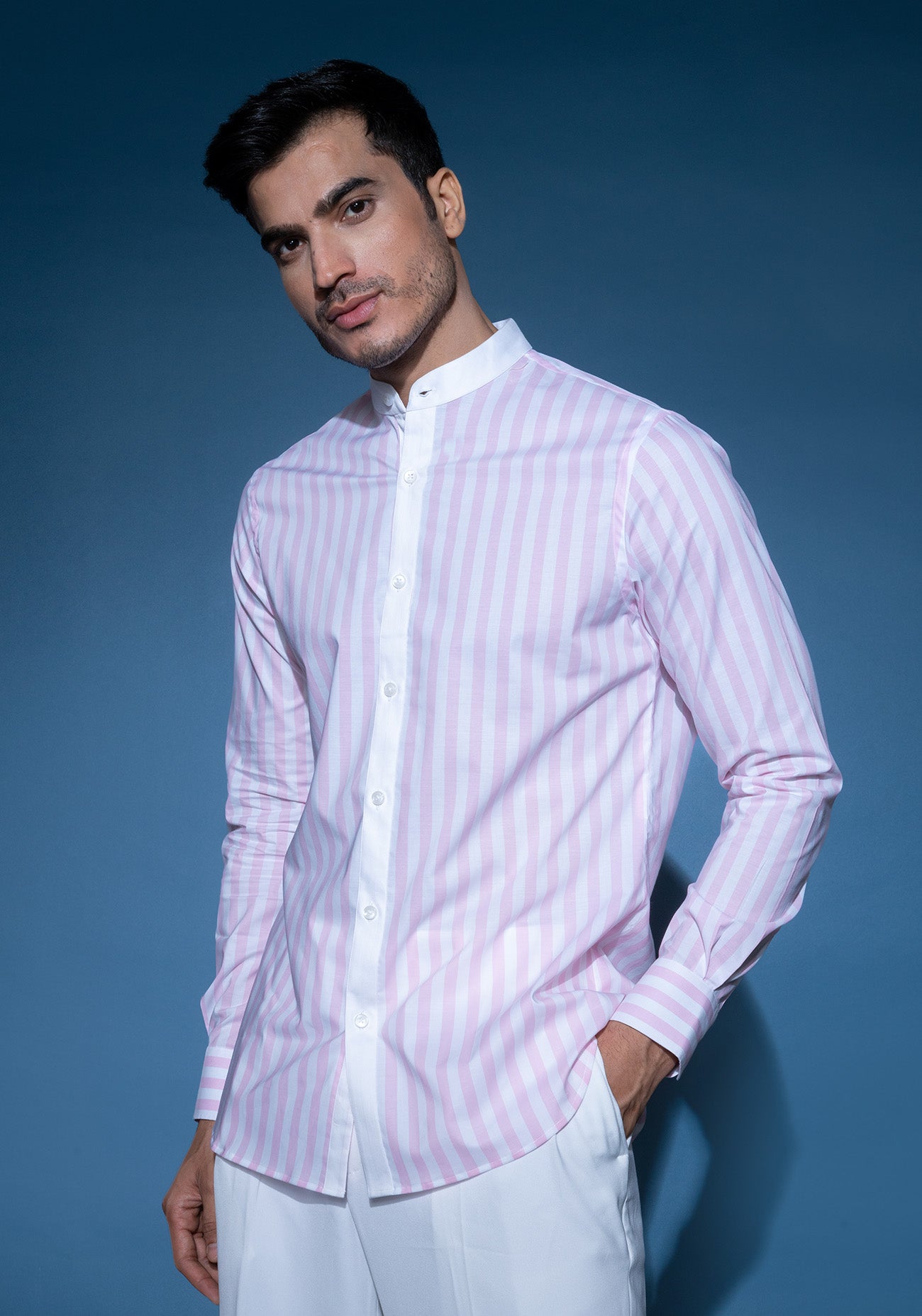 Pink & white striped mandarin collar shirt