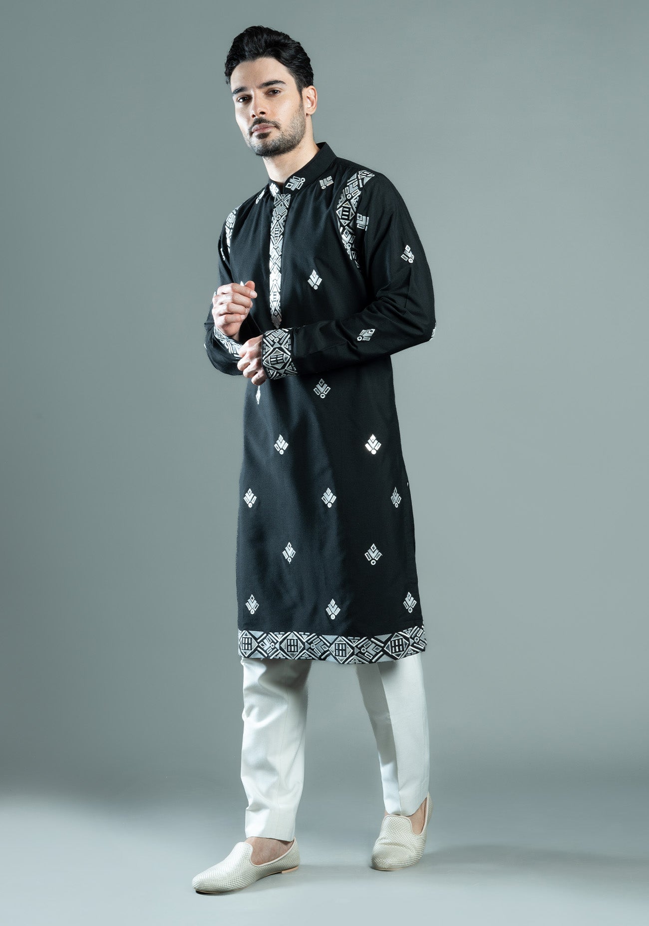 Black Foil Embroidered Kurta Set