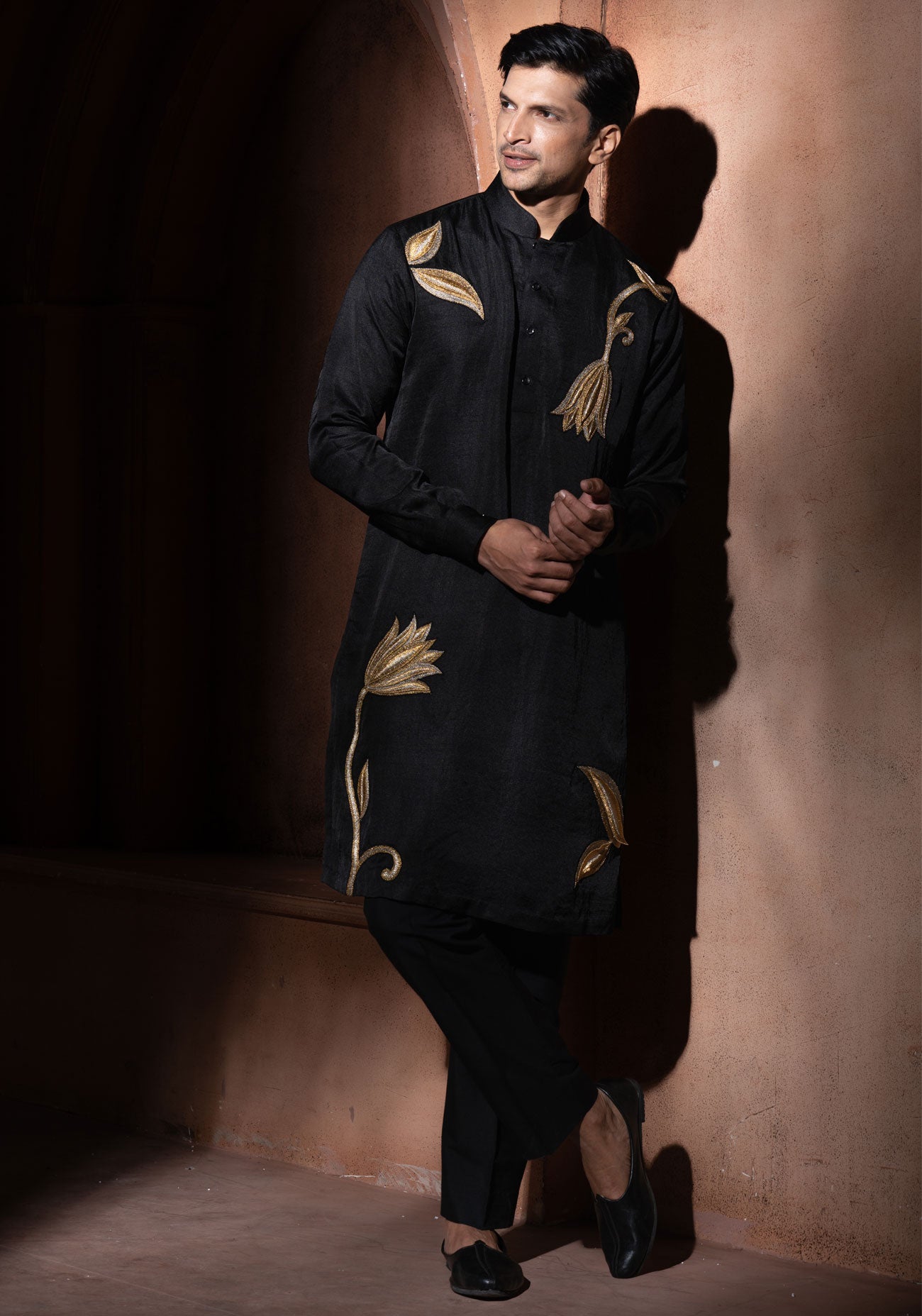 Black & Gold 3D Embroidered Kurta Set