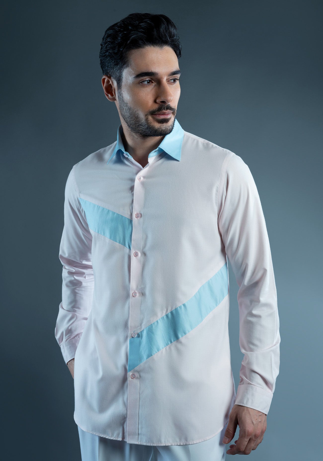 Pink & Blue Cotton Color Block Shirt