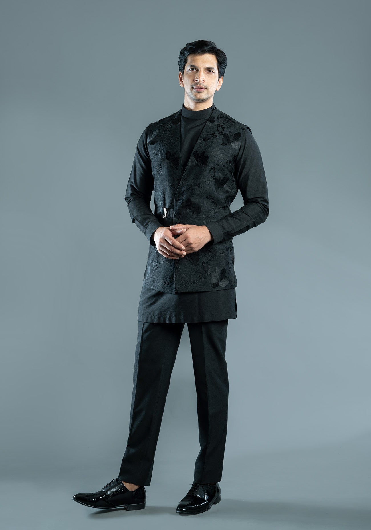 Black Floral Embroidered Nehru Jacket