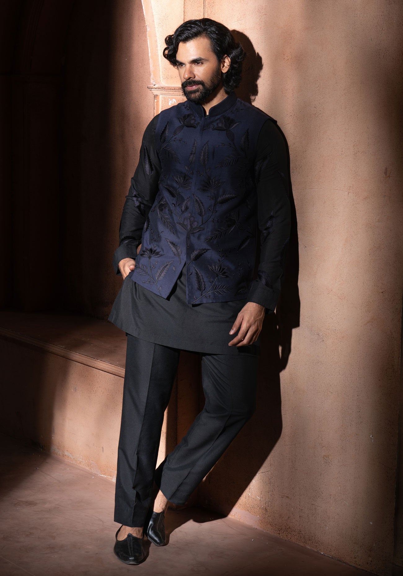 Navy Blue Black Leaf Embroidered Nehru Jacket & Kurta