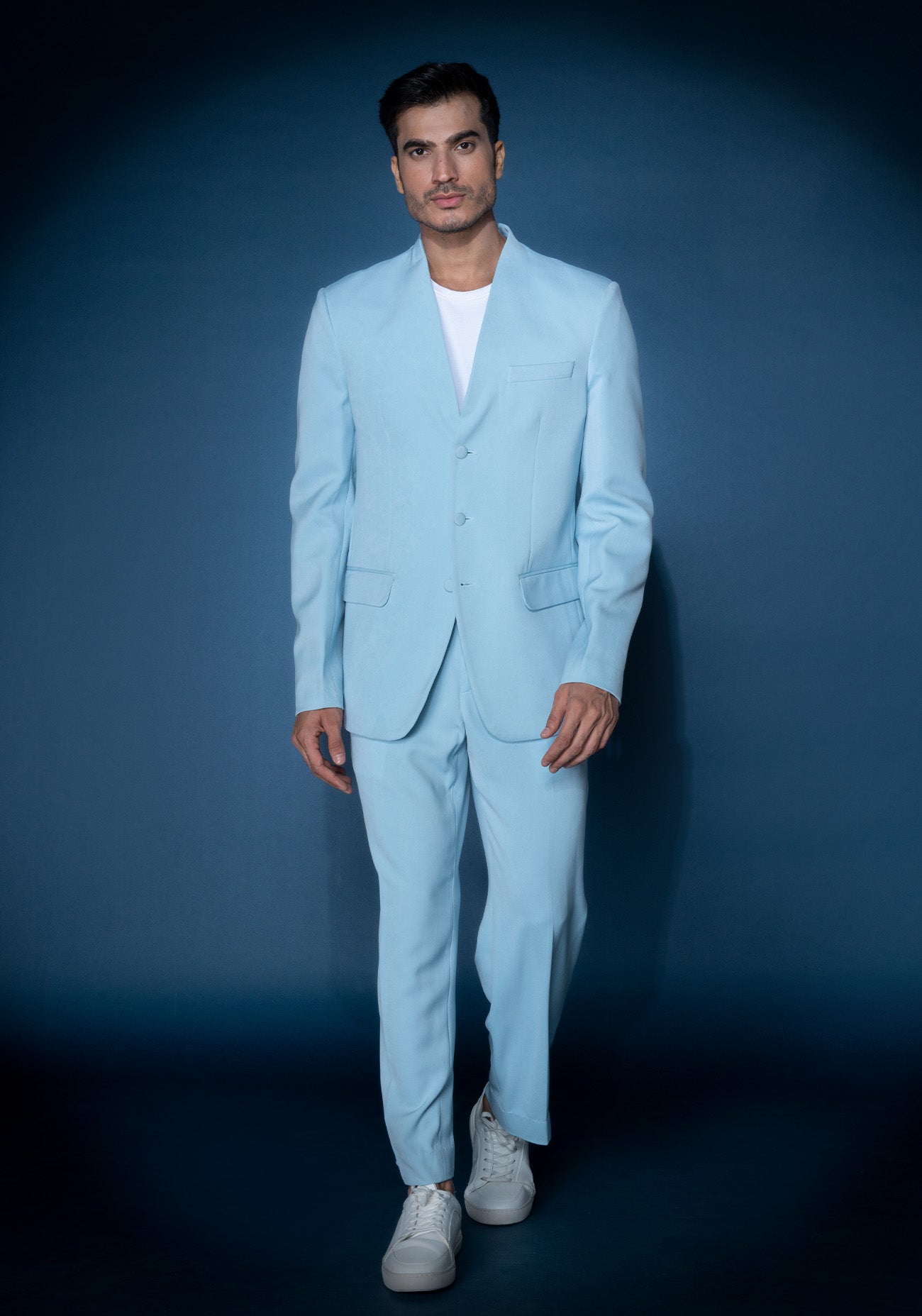 Sky blue collarless jacket set